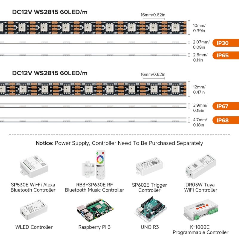 BTF-LIGHTING WS2815 (Upgraded WS2812B) 16.4ft 300 Pixels Magic Dream Color Individually Addressable RGB LED Flexible Strip Light 5050 SMD Dual Signal IP67 Tube Waterproof DC12V Black PCB - Image 2